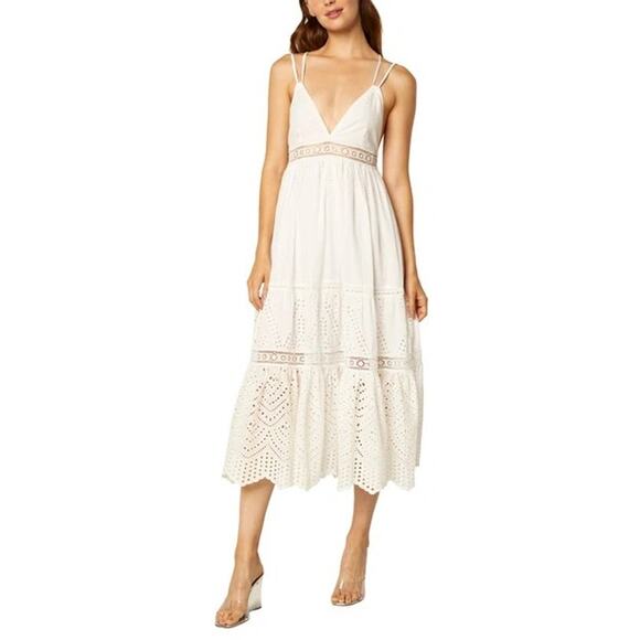 MISA Allegra White Embroidered Eyelet V-Neck Midi Dress Size Medium - Picture 1 of 6
